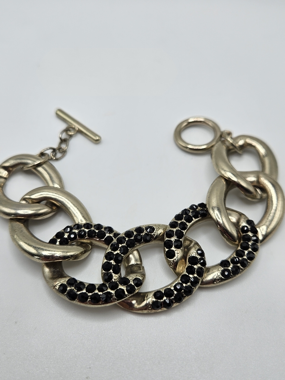 VINTAGE Silver Tone Black Rhinestone large Chain Link Bracelet Toggle Close Punk